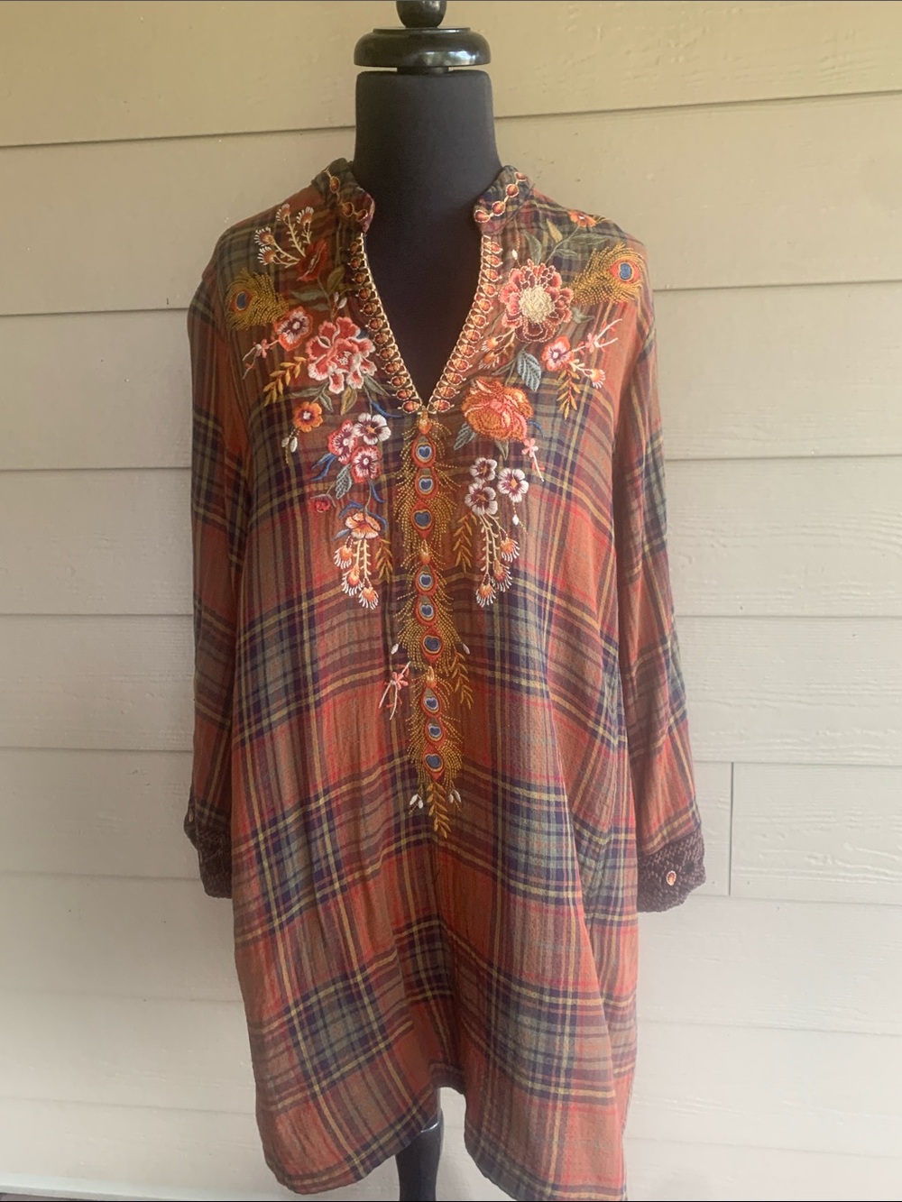 Johnny Was Burnt Orange Plaid Embroidered Tunic / Dress